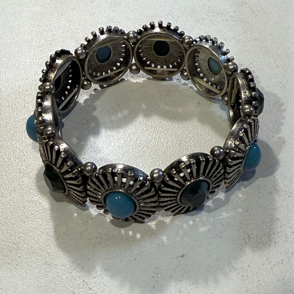 Vintage Silver Tone Stretch Bracelet with Blue & Gray Accents, Fashion Jewelry - Picture 3 of 4
